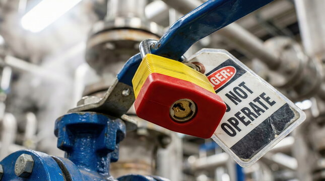 Close-up of a red and yellow lockout tagout (LOTO) padlock and 'DANGER DO NOT OPERATE' tag on an industrial blue valve, emphasizing workplace safety and equipment isolation.