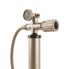 A close-up of a brushed metal air pressure regulator and pump head, complete with a small analog gauge, knurled adjustment knob, and hose on a transparent background.