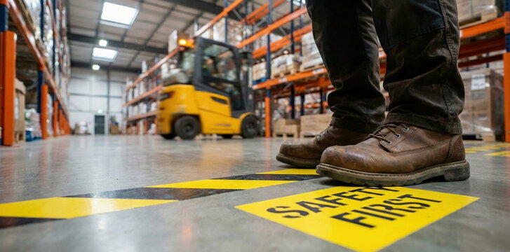 Worker in safety boots standing on a 'SAFETY FIRST' sign on a warehouse floor with a forklift in the background, emphasizing workplace safety and caution.