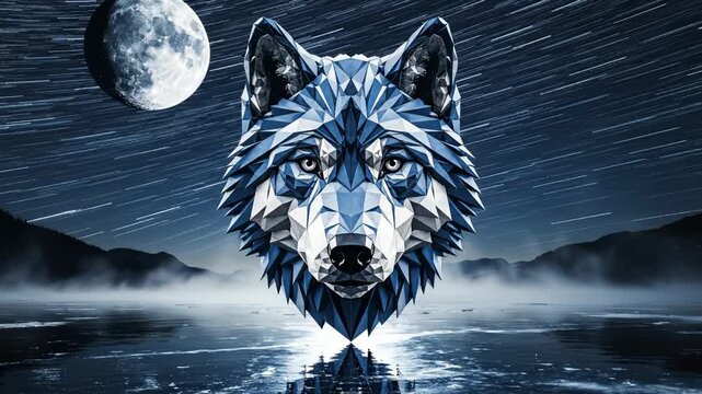 Geometric Wolf Head With Moon and Starry Sky Background, Digital Art