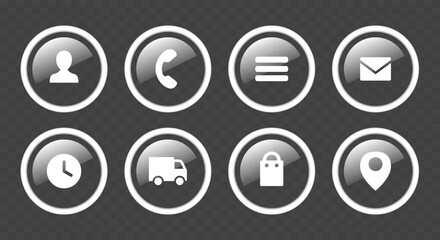 Business card icons. Website icons set. Glass round icons buttons