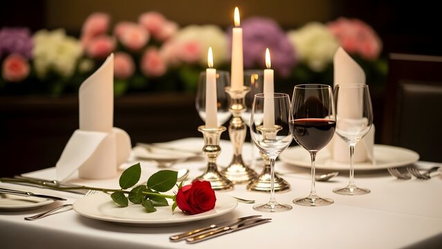 Romantic dinner table setting with candles wine glasses rose and elegant floral centerpiece
