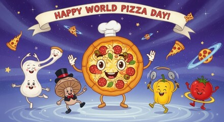 Naklejka premium Celebrating world pizza day with cartoon characters in space
