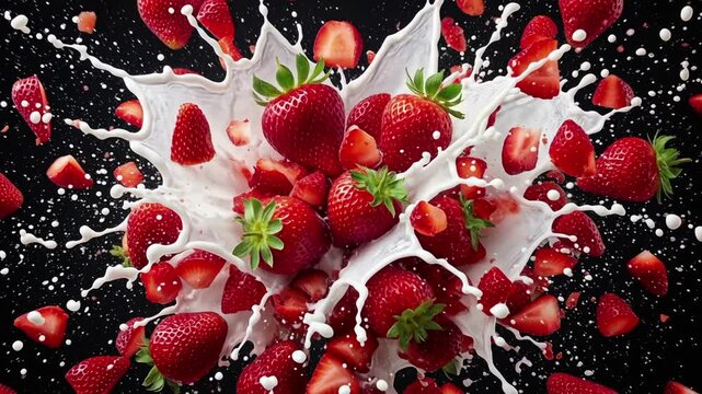 Explosion of strawberries and white cream splash in slow motion on black background
