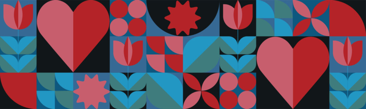 Geometric Valentines background pattern in minimalist style. Geometric line drawing.Valentines Day seamless pattern  Hearts Banner with Abstract Shapes