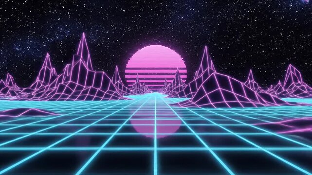 Retro 80s synthwave loop background featuring a glowing cyan grid landscape with wireframe mountains and a neon pink sun under a starry space sky.