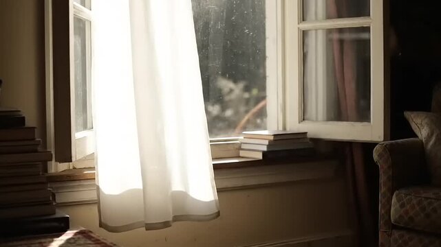 Curtain Blowing in Front of Window.