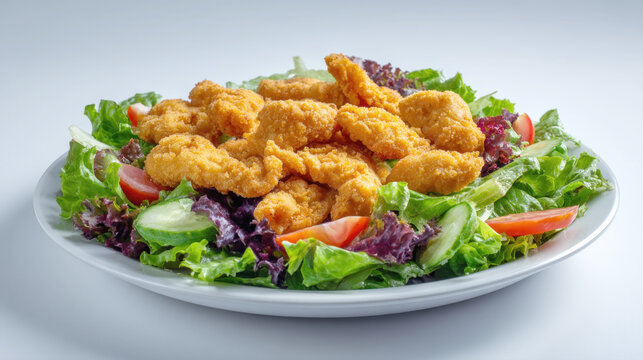 Delicious crispy breaded chicken strips served over a fresh garden salad with lettuce cucumber and tomatoes on a white plate isolated on light background for healthy menu catering and food concepts
