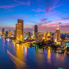 Obraz premium City skyline illuminated at dusk with streaks of light across the waterway