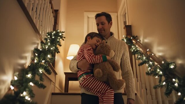 Father Carrying Sleeping Son With Teddy Bear Down Christmas Decorated Staircase