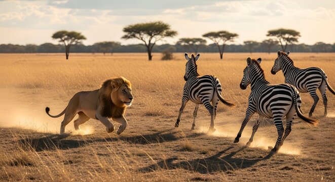 A lion runs through a savannah, chasing zebras with acacia trees in the background under a warm, golden light.