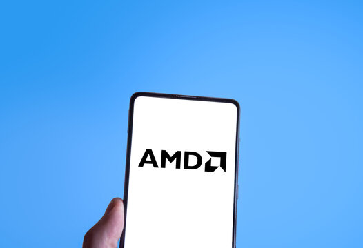 AMD logo on smartphone screen, blue background. Link&ouml;ping, &Ouml;sterg&ouml;tland, Sweden. 01-29-2026.