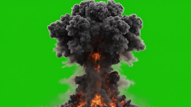 Explosion on Green Screen: A massive explosion erupts, filling the frame with billowing smoke, chaotic energy, and a fiery heart against a vibrant green backdrop.
