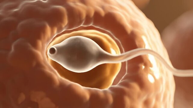 Golden CloseUp Sperm Meets Egg, Warm Microscopic Scene Showing Membrane Contact, Zona Reaction And Sperm Head Penetration Into Ovum, Detailed Cytoplasm Texture And Soft Ambient Light