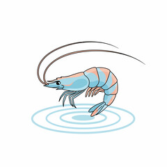 Stylized illustration of a light blue and pinkstriped shrimp above water ripples