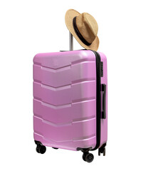 Suitcase with wheels, hardcase hardshell travel bag shown at a tilted angle and side perspective.