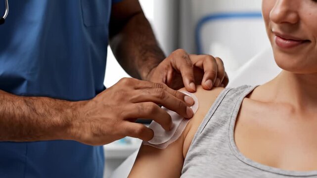 Medical professional applying a bandage to a patient's shoulder in a hospital setting with a sterile dressing