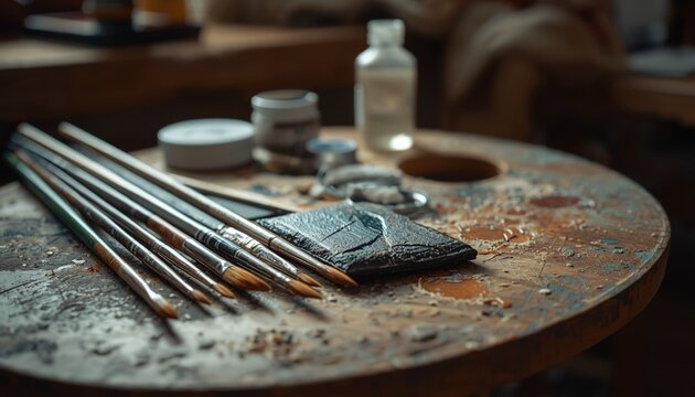 A painter's palette with brushes and art supplies on a worn wooden table in a studio