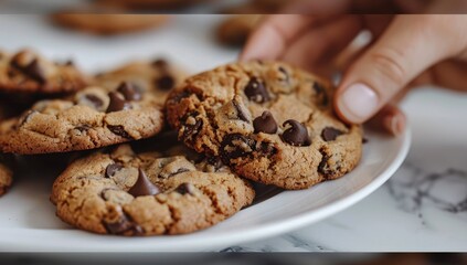 Close-up of chocolate chip cookies on a white plate; hand reaches for one