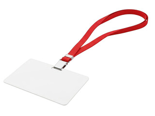 Blank white id card with red lanyard isolated on transparent background