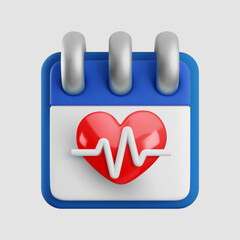 Vector cartoon 3d health and cardiology medical care planning icon. 3d render of calendar and heart with pulse line. Medicine schedule, wellness reminder symbol, cardio healthcare planner app icon.