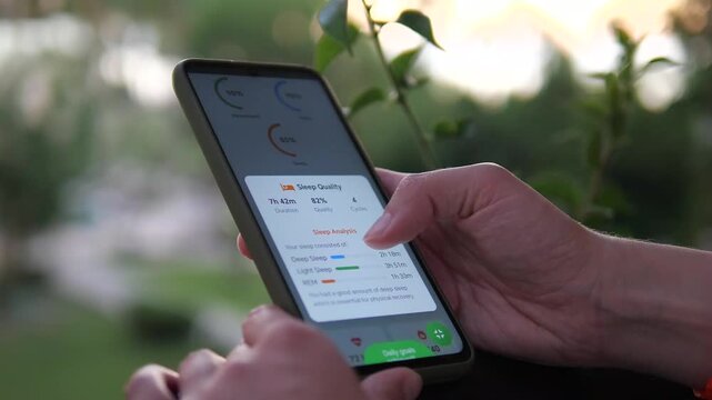 This close up shows a woman on a peaceful balcony attentively reviewing detailed sleep quality metrics within a health application. It represents a proactive approach to well-being, the fusion of
