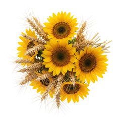 Naklejka premium Vibrant sunflowers and golden wheat bouquet, top-down view, transparent isolated on white background