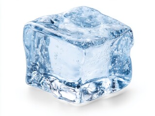 Obraz premium Textured frozen ice cube with air bubbles and copy space isolated on white