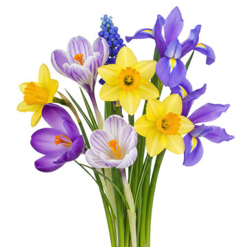 Springtime floral arrangement with crocuses, daffodils, irises, and muscari isolated on white background