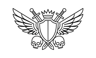 Obraz premium Stylized emblem featuring a shield with crossed swords and a crown above flanked by wings and skulls