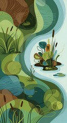 Illustration of a serene pond ecosystem.
