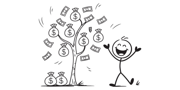 A happy stick figure celebrates financial success from a tree growing money bags and bills. Vector, illustration