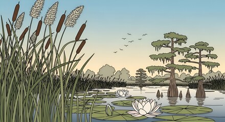 Serene landscape with water lilies and cattails.