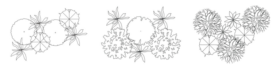 Architectural Drawings, Minimal style cad vegetation line drawing top view. for landscape plan and architecture layout drawing, elements for environment and garden. © Moncia