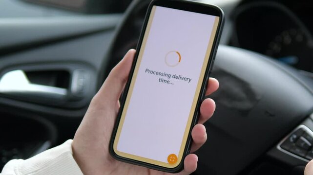 Hands using a delivery app in a vehicle to schedule a package arrival. Showing the full process from slot selection to confirmation screen. Concept of modern convenience, mobile logistics, and fast