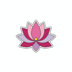 Stylized illustration of a multitoned pink and purple lotus flower with a yellow center