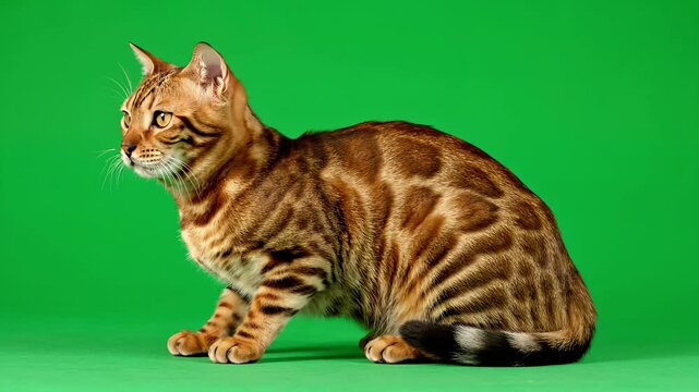 Beautiful domestic feline with striking leopard-like rosettes, showcasing its elegant form. Captured against a vibrant green backdrop, highlighting its sleek profile and intricate fur