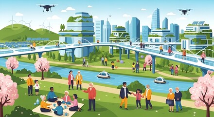 People enjoying city park with river.