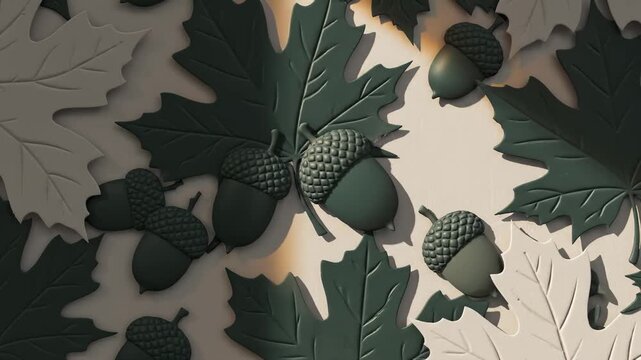 Autumn Leaves and Acorns Embossed Pattern Background, Close-Up