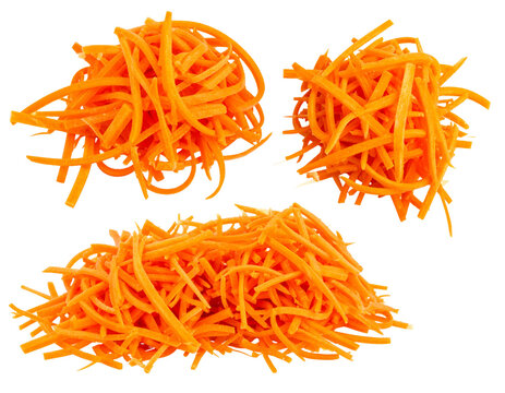 Three piles of julienne cut carrots resembling thin orange matchsticks isolated on a transparent background, PNG
