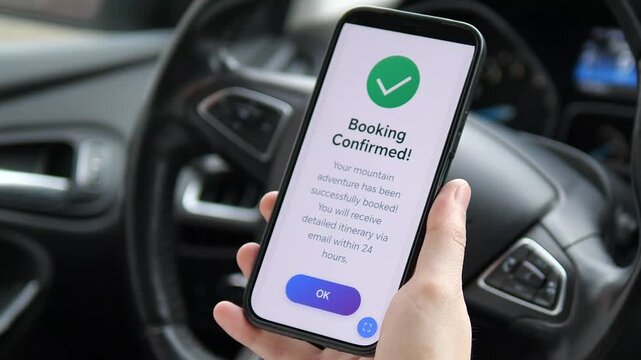 Hands holding phone with adventure booking confirmation in a car. Seamless user experience for travel agencies and ticket apps. Ideal for modern lifestyle, digital nomad, and urban convenience visuals