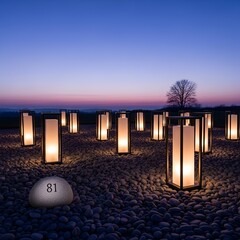 Glowing lanterns in peaceful evening landscape.