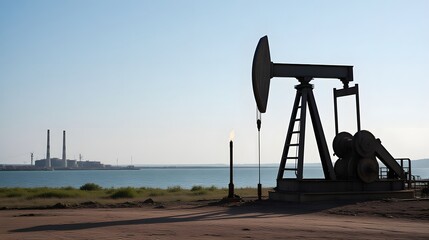 Oil pumpjack operates on coastal land with industrial facility in the background by the sea