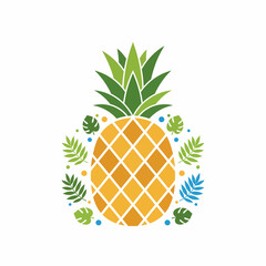 Stylized illustration of a pineapple surrounded by tropical leaves and dots
