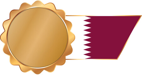 A shiny gold award seal featuring a circular metallic center with a flag of Qatar on ribbon with gold outline