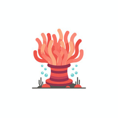 Stylized illustration of a pink and red sea anemone with turquoise bubbles on a white background