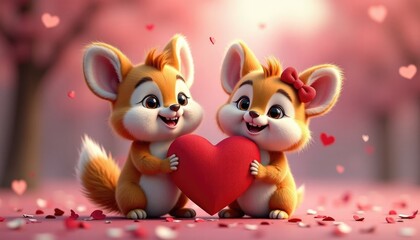 Naklejka premium Two cute cartoon characters, male and female, sharing a red heart. Adorable animal illustration loving friendship concept for Valentines Day.