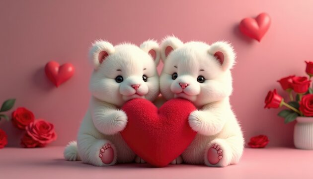 Two fluffy cute dolls holding red heart. Adorable animal illustration for Valentine day card. Concept of love, friendship, romance.