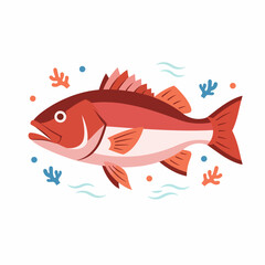 Stylized illustration of a red fish swimming with blue and orange coral elements