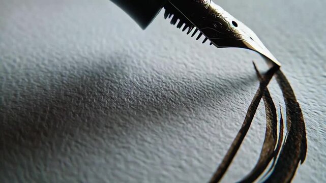 A close-up view of a fountain pen nib writing on textured paper with smooth strokes and elegant script